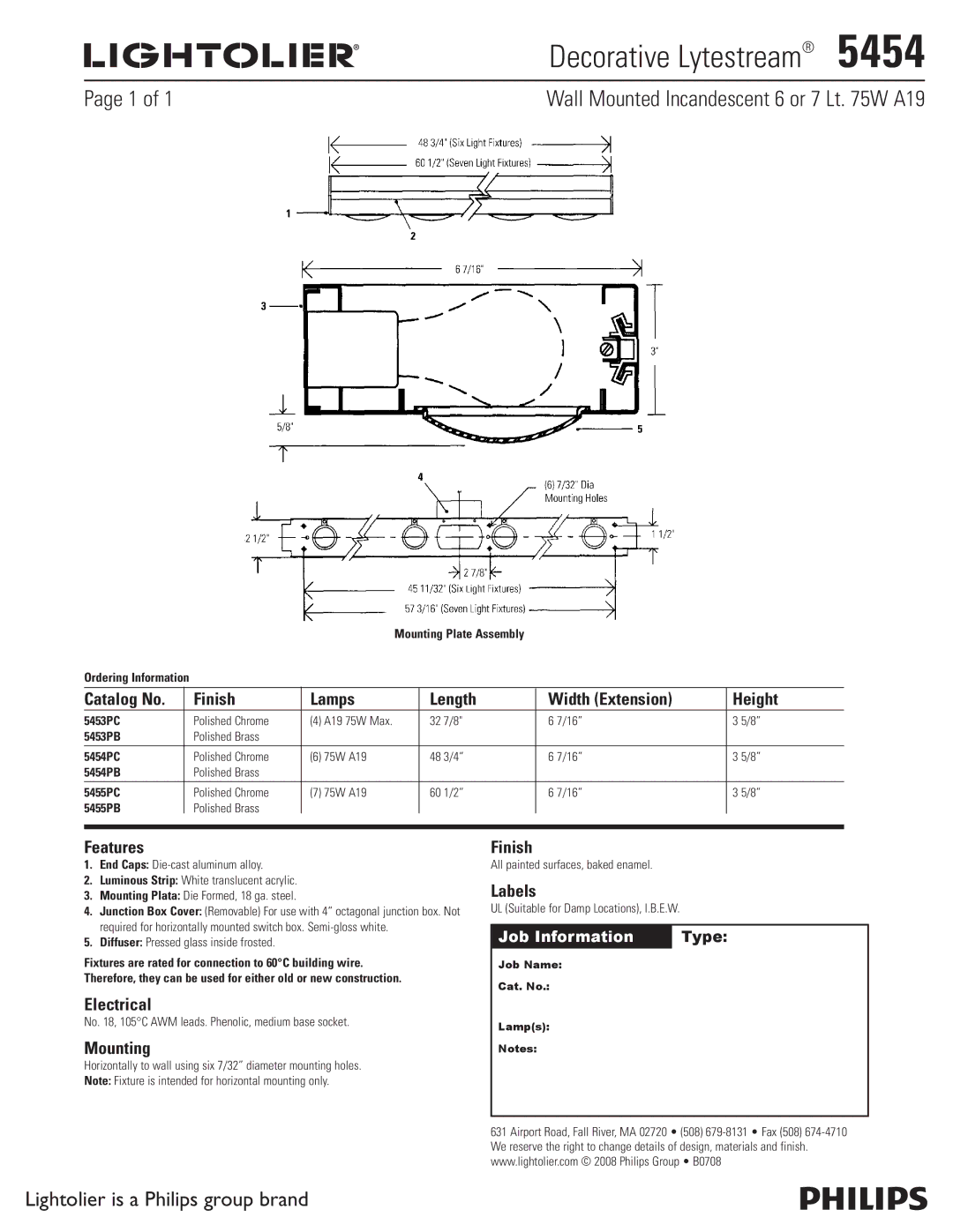 Lightolier 5454 manual Decorative Lytestream , Wall Mounted Incandescent 6 or 7 Lt W A19 